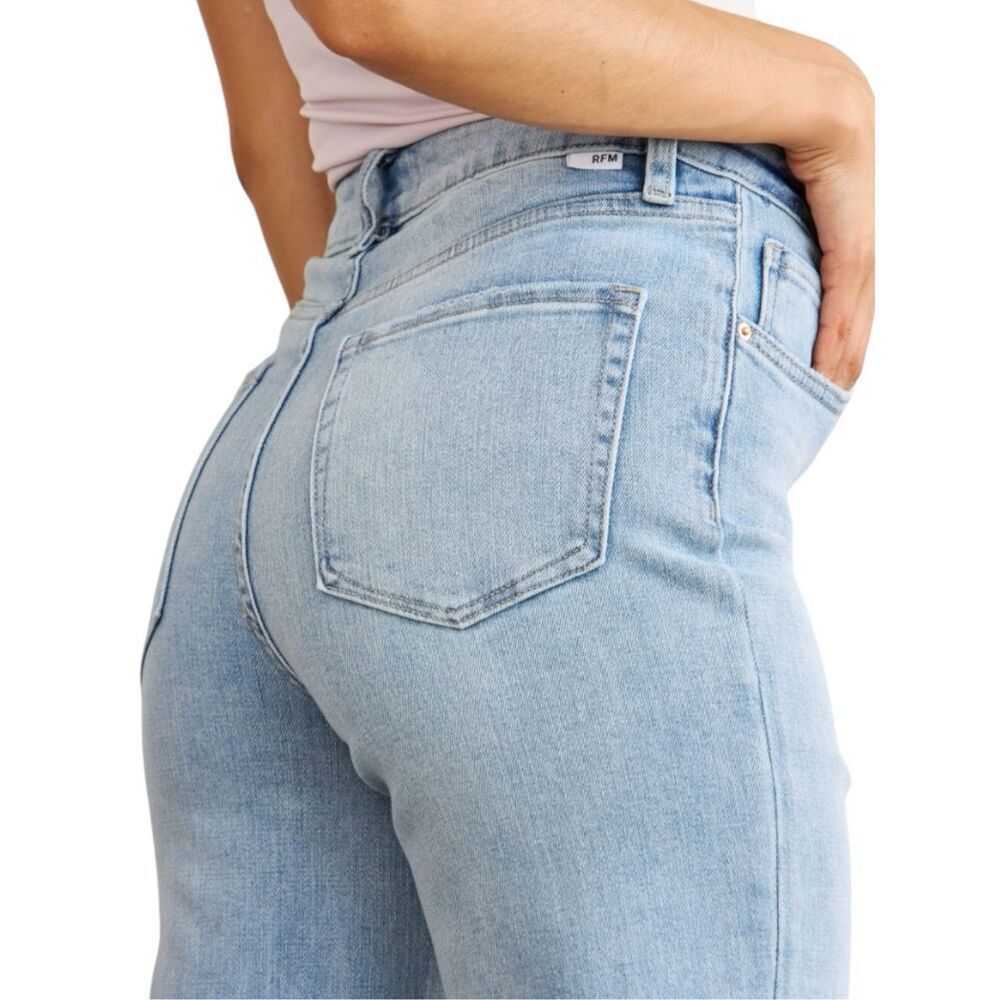 High Rise Tummy Control Cropped Jeans Distressed Light Wash Raw Hem Stretch RFM - Picture 6 of 10